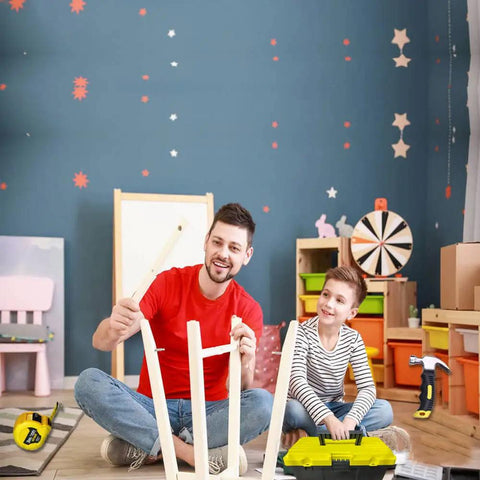 Father and son using "Kids Real Tools Set 30 Piece Builders Kit With Tool Box Hammer Phillips And Flat Screwdrivers Clamps Gloves Safety Goggles" in playroom