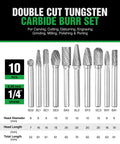Carbide burr set, 10 pcs, 1/4 in shank, double-cut tungsten carbide bits for rotary tools