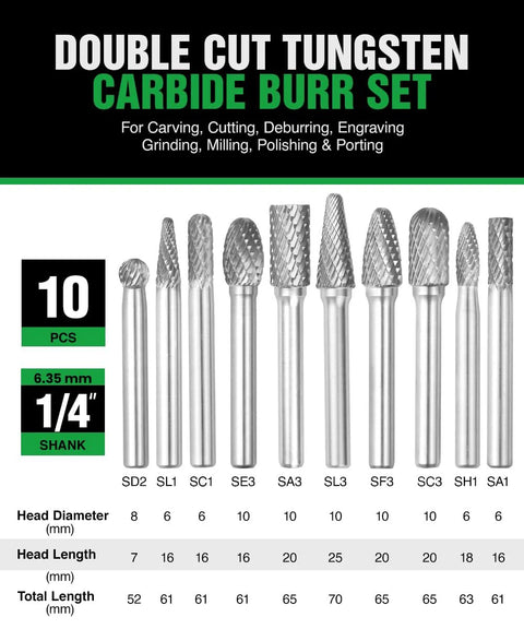 Carbide burr set, 10 pcs, 1/4 in shank, double-cut tungsten carbide bits for rotary tools