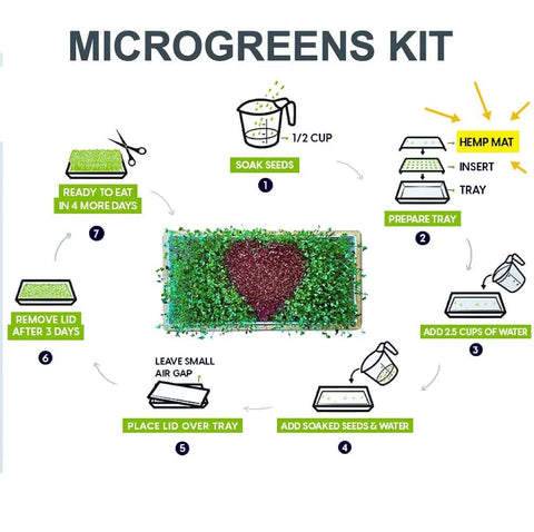 Water Wicking Hemp Mats For Microgreens And Wheatgrass Kit, 13 By 5.5 Inch Size, step-by-step growing instructions diagram.