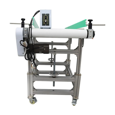 110V PU Belt Inclined Wall Conveyor With Double Baffle, 48 Inch Long Belt, 20 Inch Wide, adjustable speed, on wheels