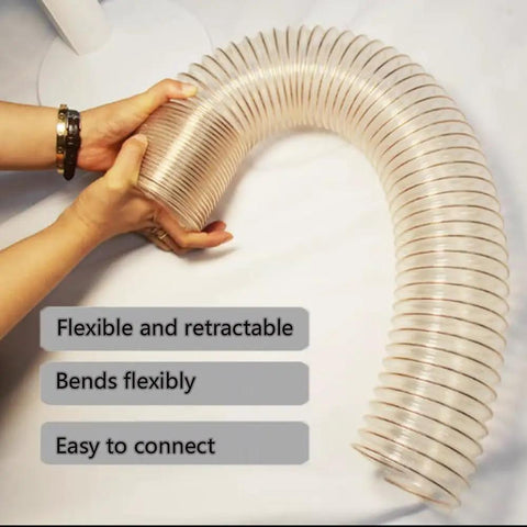 Heavy Duty Flexible Clear Dust Collection Hose Tough As Nails Shop Vacuum Attachment being held, showcasing flexibility and retractability.