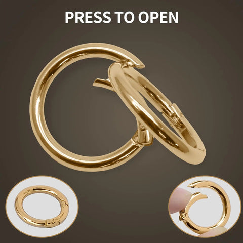 Close-up of 10 Pack Mini Gold Key Ring Carabiners 0.8 Inch 19mm Compact Handy Spring Clip with press-to-open design.