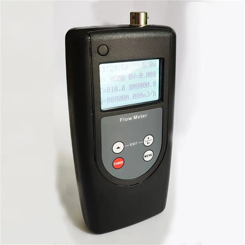 FM-100V5 Portable Flow Meter for Open Channel Water 0.01 to 5.00 Meters Per Second, handheld black device with display and buttons