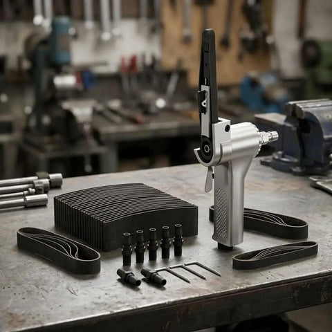 Top Shelf Pneumatic Air Belt Sander With A Ridiculously Fast 10 Mm Track And Hog Wild 16000 Rpm Motor and accessories on workbench.