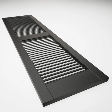 Black Lifetime Vinyl Open Louver Shutter with Cathedral Top Center Mullion, 14.5x36 inch, showing woodgrain texture, side angle.