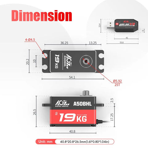 Beefy High Torque Low Profile Digital Servo dimensions, top and side view, with full metal gear, 19kg torque, programmable via SPV3 programmer.