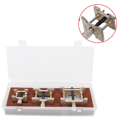 Metal Watch Movement Holder Set 3 Pcs Reversible Watch Repair Tool in box with three metal holders for 1.8, 1.5, and 1 inch movements