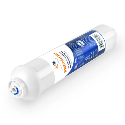 Heavy Duty Inline Polishing Carbon Water Filter Cartridge For Reverse Osmosis Systems With Quick Connect Fitting And Standard Size Compatible With Icf 10 Provides Smooth No Sweat Setup And Straight Up Clean Taste 6 Pack viewed from side, showing quick connect end.