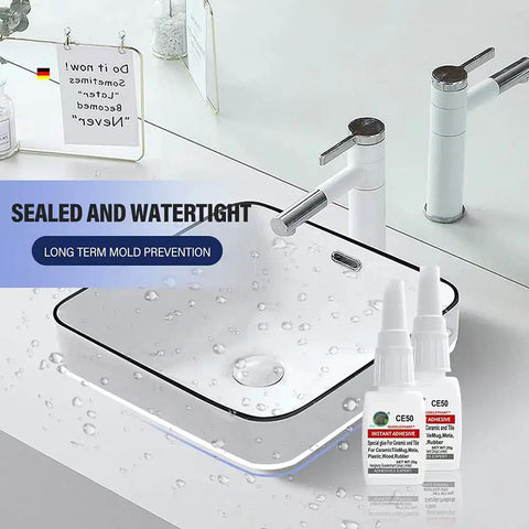 Clear Ceramic And Tile Repair Glue For Mug Metal Plastic Wood Rubber Glass Silicone Leather And Other Materials Fast Bond Transparent And Durable Instant Adhesive For DIY Crafts 20g placed beside a watertight ceramic sink