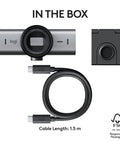 Game Changing 4K Webcam Built For Seamless Hustle Ready Video Calls Optimized For Teams Zoom Google Meet With Zero Friction Remote Setup And Hassle Free Usb Plug In Graphite contents shown with webcam, cable, and mount.