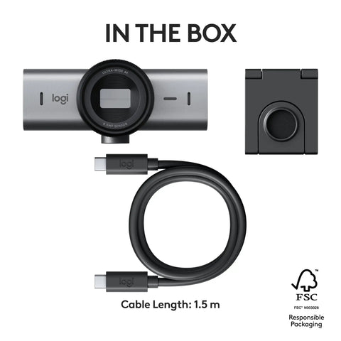 Game Changing 4K Webcam Built For Seamless Hustle Ready Video Calls Optimized For Teams Zoom Google Meet With Zero Friction Remote Setup And Hassle Free Usb Plug In Graphite contents shown with webcam, cable, and mount.