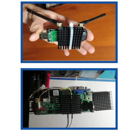 4 Pack Black Aluminum Heat Sinks With Pre Applied Thermal Conductive Tape installed on a circuit board with antennas visible