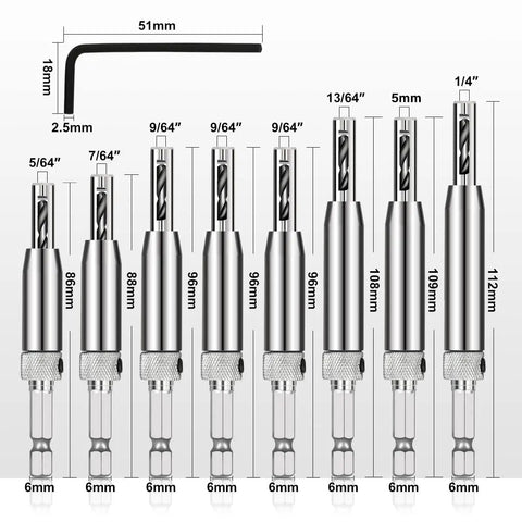 Self-Centering Drill Bit Set, 17 Pieces VIX Bits With 1/4 Inch Hex Shank, Quick Change for Woodworking Window and Door Hinges, Includes Hex Key and 8 Drill Bits From 5/64 to 1/4 Inch, Premium 4341 HSS Toughness