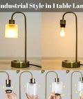 Lit Industrial Brass Table Lamps Set Of 2 With USB Ports, dimmable Edison bulb, glass shade assembly steps shown