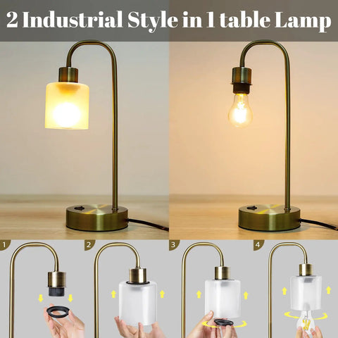 Lit Industrial Brass Table Lamps Set Of 2 With USB Ports, dimmable Edison bulb, glass shade assembly steps shown