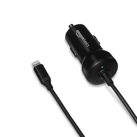 12W Fast Car Charger With Coiled Lightning Cable For iPhone iPad And Other Apple Devices MFi Certified On The Go Power 5V 2.4A Quick Charge 1.5 Ft Cable Black