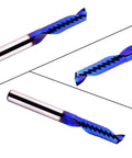 Three blue spiral CNC router bits with silver 1/4-inch shanks, shown in front and side views