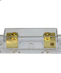 Gold Plated ANL Fuse Holder Inline Fuse Block for 1/0 AWG In And Out with Brass Hardware, clear housing, front view