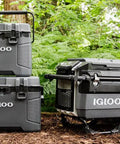 Top Shelf 25 Quart Insulated Cooler With Thick Foam Walls And Cool Riser Tech displayed with two additional IGLOO coolers in a green outdoor setting.