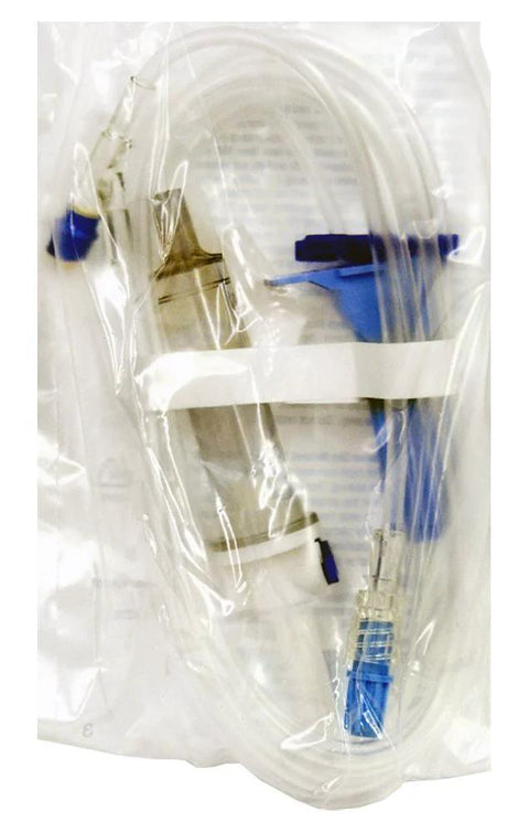 Baxter Healthcare solution set with Duo-Vent spike, 1 injection site, 103-inch clear tubing with blue connectors in sealed bag.