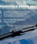 Windshield Repair Resin info graphic with dropper cap and resin viscosity, featuring wiper on clear glass surface