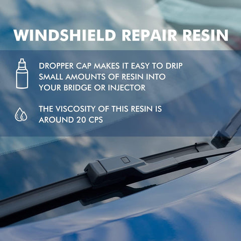 Windshield Repair Resin info graphic with dropper cap and resin viscosity, featuring wiper on clear glass surface
