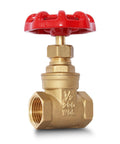 Front view of 1/2 in NPT brass gate valve with red wheel handle; female x female threaded ends.