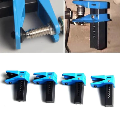 Universal Brake Line Clamp Kit For Most Cars, 4 Piece Set shown in blue with close-up of clamp mechanism and application