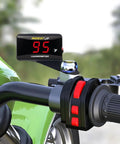 Universal Digital Engine Temperature Gauge With 10mm Or 14mm Probe Adapter installed on a motorcycle handlebar