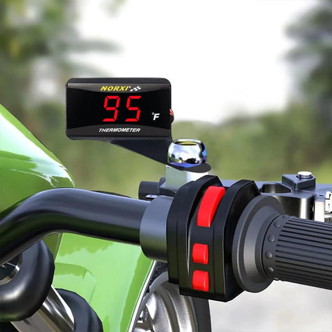 Universal Digital Engine Temperature Gauge With 10mm Or 14mm Probe Adapter installed on a motorcycle handlebar