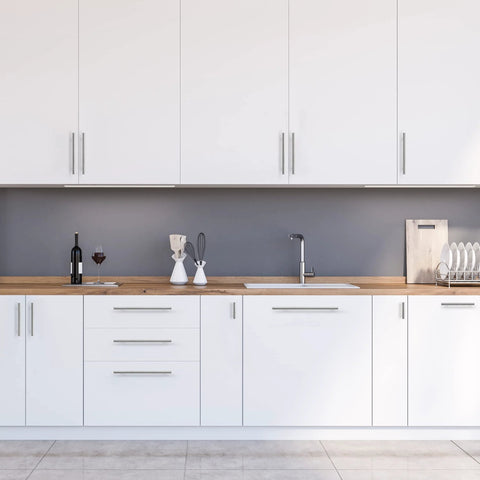 Brushed Nickel Cabinet Handles 10 Pack, Seven And One Half Inch Center To Center, Ten Inch Overall Length installed on white cabinets