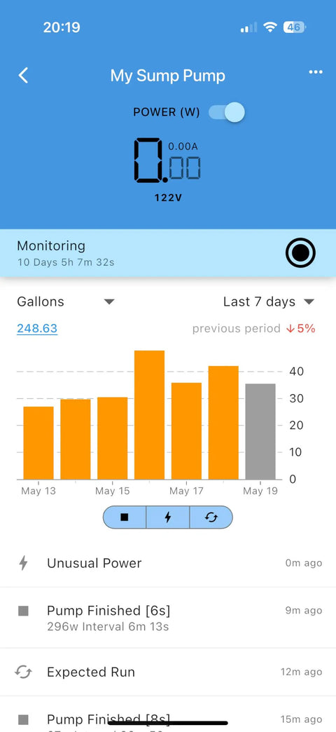 Mobile interface of WiFi Sump Pump Monitor And Protector With Real Time Mobile Alerts No Sensors Needed Easy Plug In Setup