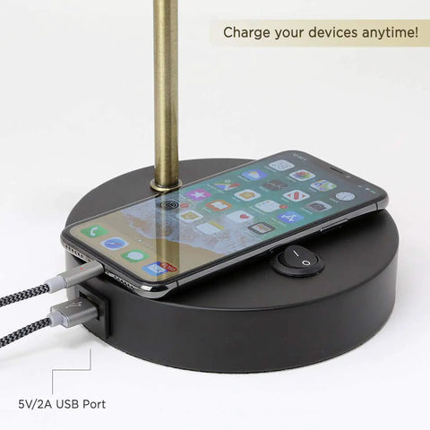 LED Desk Lamp With USB Charging Port And Flexible Swivel Arm, Sturdy Metal Construction, charging a phone on the base