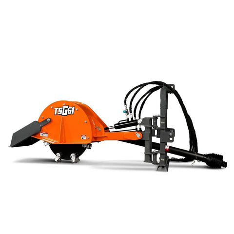 Side view of PTO Powered 3 Point Hydraulic Stump Grinder For 35 To 60 HP Tractors With 24 Inch Cutting Wheel And 16 Carbide Teeth Model TSG61
