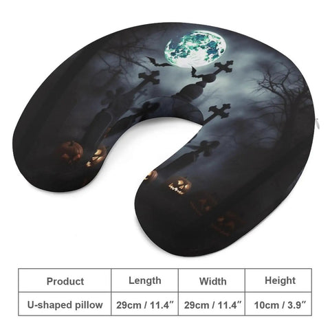 Gothic Happy Halloween travel pillow U-shaped neck support with eerie Halloween design, ergonomic memory foam, compact size.