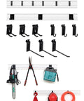 White Slatwall Garage Storage System with wall mount panels, 96 inch total, includes adjustable metal hooks for tools and gear.