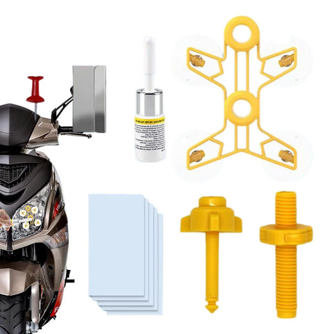 Windshield Crack Repair Kit for Cars, Quick Glass Fix Tool for Auto Glass, includes resin and accessories shown with scooter