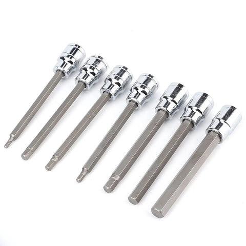 Extra Long Hex Bit Socket Set, Beefy Heavy Duty 7 Piece With 3mm 4mm 5mm 6mm 7mm 8mm 10mm Sockets, 110mm Shaft, arranged on white background