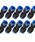 Pack of 10 black plastic push-to-connect straight tube fittings with blue ends, 4mm OD x 4mm OD