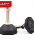 Super Stable Adjustable Leveling Feet With Swivel Base And Threaded Nylon And Steel Build For Furniture Tools Rock Solid Hold Easy Setup Tough On Rust Strong Grip Fits M8 To M20 Threads close-up showing rubber base and stainless steel threads.