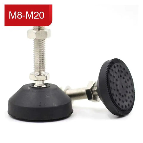 Super Stable Adjustable Leveling Feet With Swivel Base And Threaded Nylon And Steel Build For Furniture Tools Rock Solid Hold Easy Setup Tough On Rust Strong Grip Fits M8 To M20 Threads close-up showing rubber base and stainless steel threads.