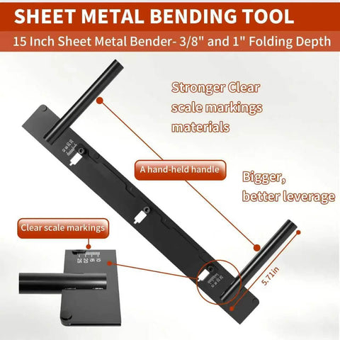 Sheet Metal Bending Tool with clear scale markings and sturdy handle for HVAC ducts; 15-inch folding metal bender with 3/8" and 1" depth