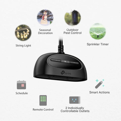 Outdoor Smart Plug 2 Pack With Independent Dual Outlets IP64 Weatherproof 15A Per Outlet Long WiFi Range, uses shown.