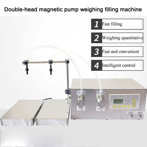 Pro Grade Automatic Liquid Filling Machine Double Head Stainless Steel Bottle Dispenser with digital console and twin nozzles.
