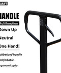 Close-up of handle on Workhorse Manual Pallet Jack With 6600 Lb Capacity And 48 Inch By 27 Inch Forks, ergonomic grip visible