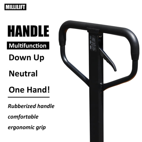 Close-up of handle on Workhorse Manual Pallet Jack With 6600 Lb Capacity And 48 Inch By 27 Inch Forks, ergonomic grip visible