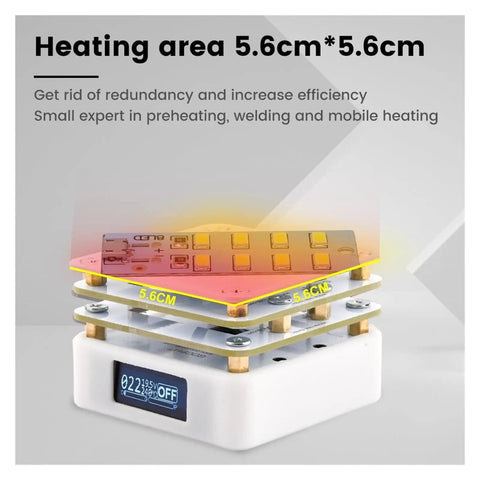65W Mini Soldering Station with hot plate SMD preheater, 5.6cm heating area, LED display, for PCB repair and rework.