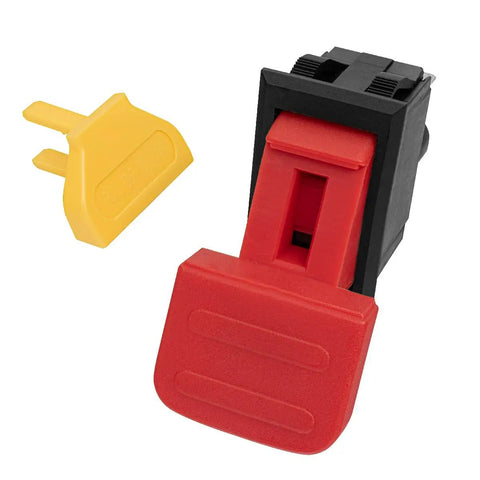 Dual Voltage Emergency Stop Paddle Switch 16 Amp with red paddle and yellow key, designed for safety in workshops and machinery.