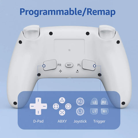 Back view of Wireless PS5 Gamepad With Hall Effect Joysticks And Two Back Buttons showing remap features on blue background.